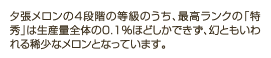 夕張メロンの4段階の等級のうち、最高ランクの「特秀」は生産量全体の0.1%ほどしかできず、幻ともいわれる稀少なメロンとなっています。